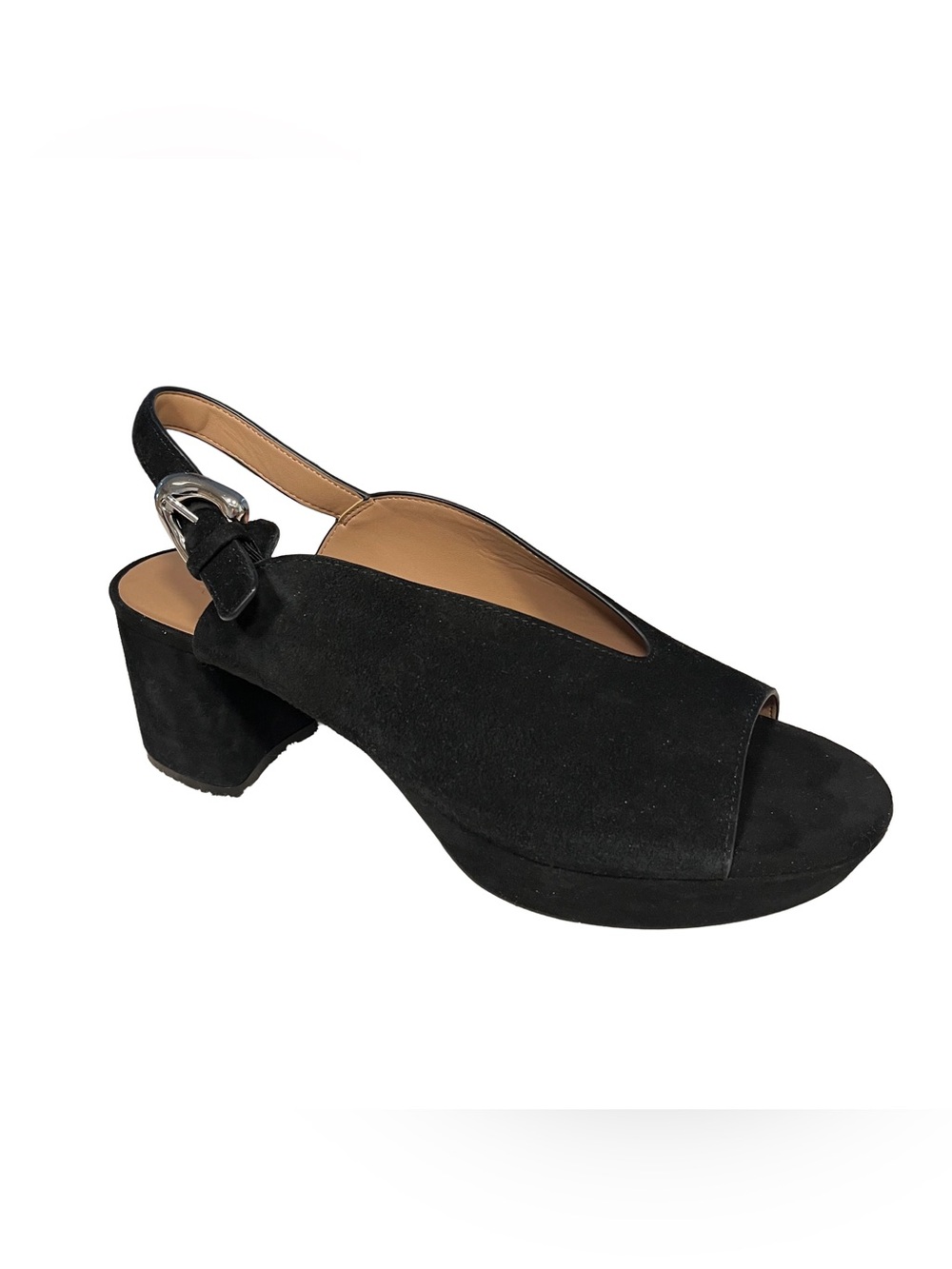 NEW AEROSOLES Black Suede CORNELIA Sz 9.5 Peep Toe Slingback Block Heel Sandal